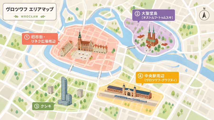 【ホテル選び】ポーランドのヴロツワフの4つのエリアマップ