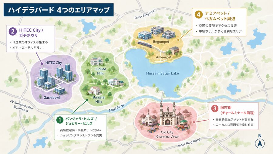 【ホテル選び】インドのハイデラバードの4つのエリアマップ
