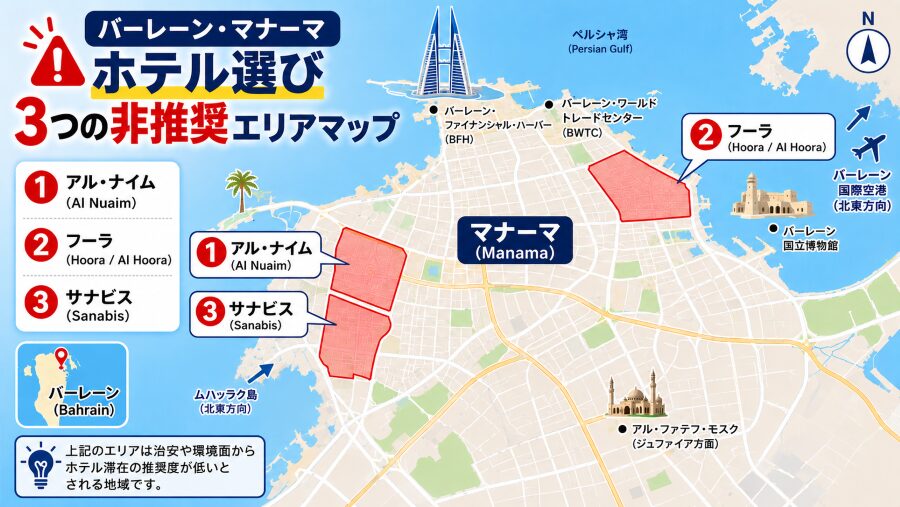 【ホテル選び】バーレーンのマナーマの3つの非推奨エリアマップ