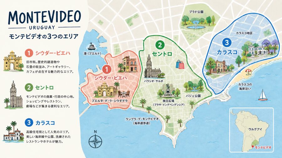 【ホテル選び】ウルグアイのモンテビデオの3つエリアマップ