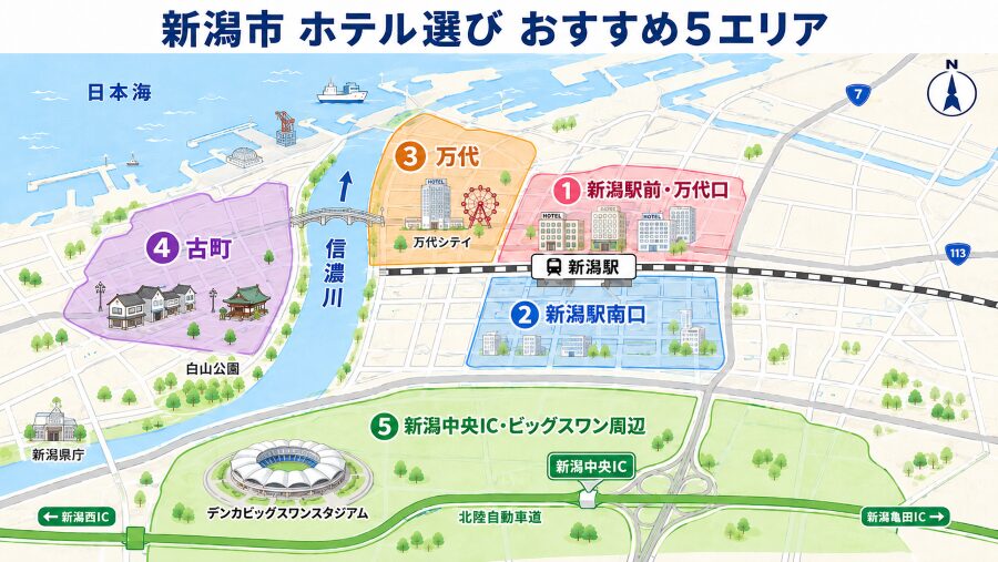 【ホテル選び】新潟市の5つのエリアマップ