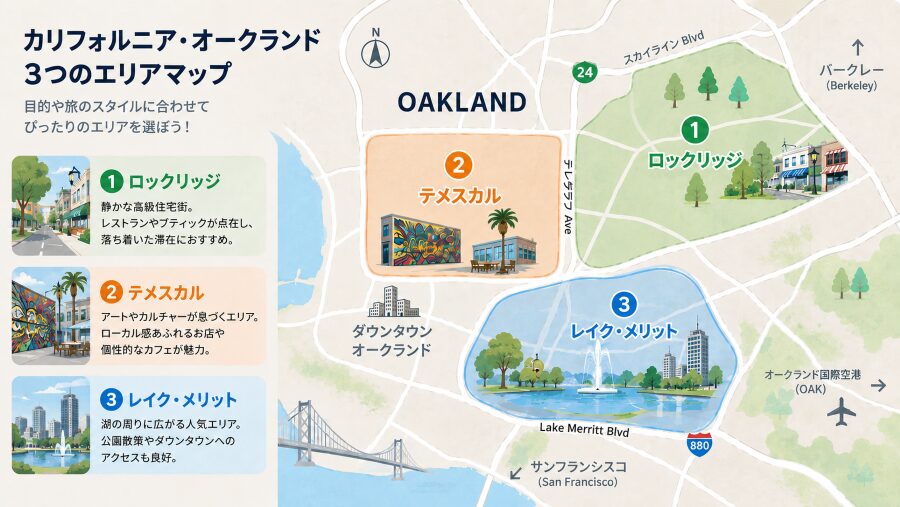 【ホテル選び】カリフォルニア・オークランドの3つエリアマップ