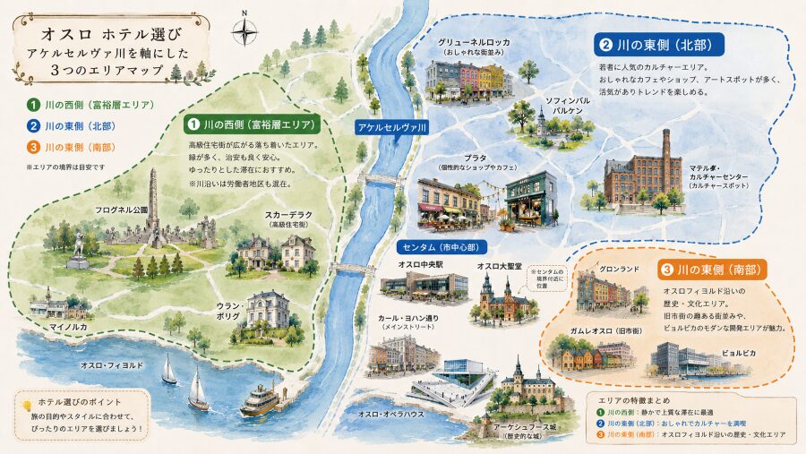 オスロのアケルセルヴァ川を軸の3つのエリアマップ