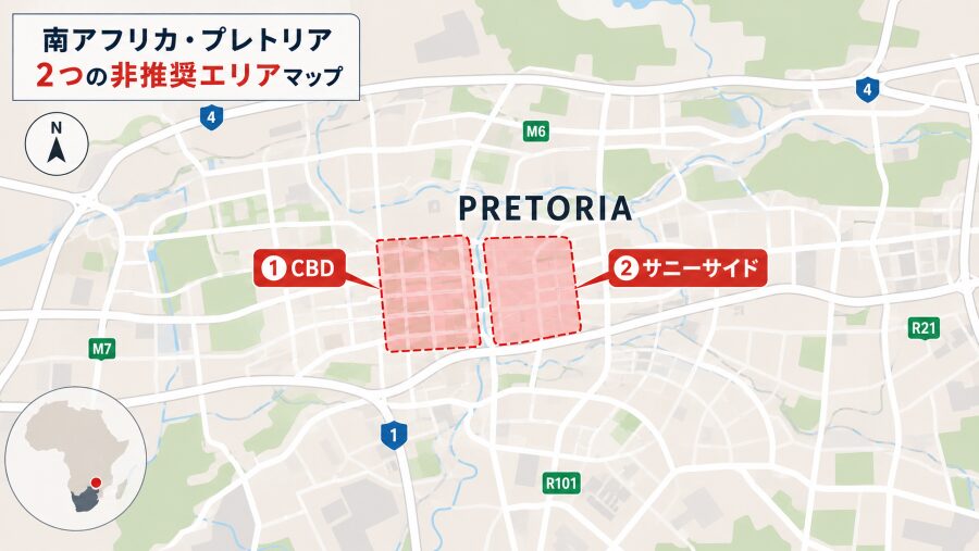【ホテル選び】南アフリカ・プレトリアの2つの非推奨エリアマップ