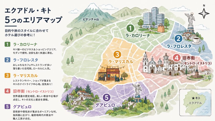 エクアドルのキトの5つエリアマップ