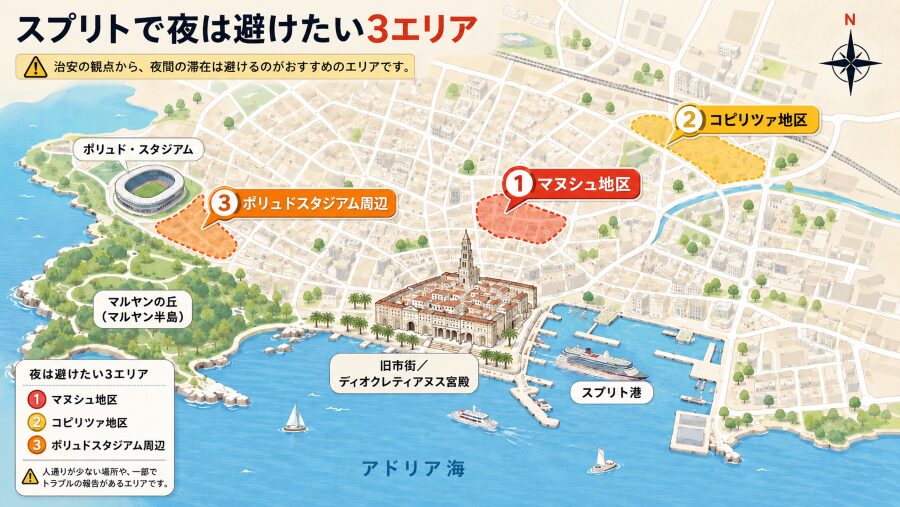 【ホテル選び】クロアチアのスプリトの3つの夜は避けるべきエリアマップ
