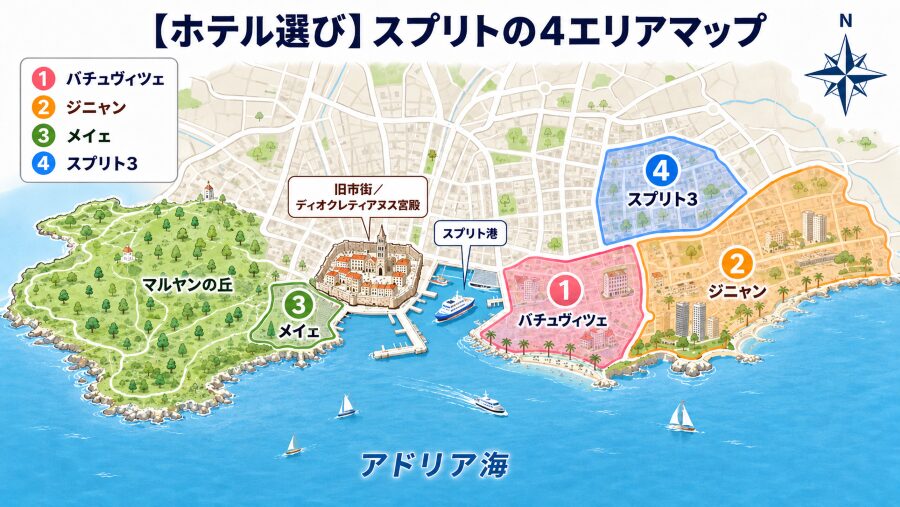 【ホテル選び】クロアチアのスプリトの4つのエリアマップ