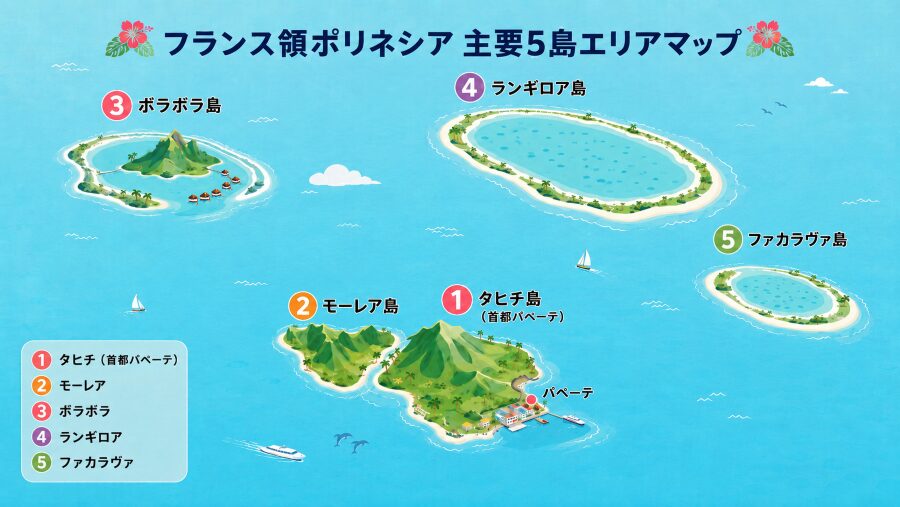 【ホテル選び】フランス領ポリネシア（タヒチ）の主要な5つの島のエリアマップ