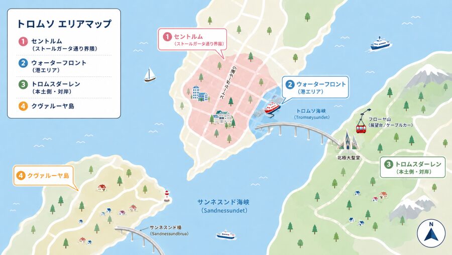 【ホテル選び】ノルウェーのトロムソの4つのエリアマップ