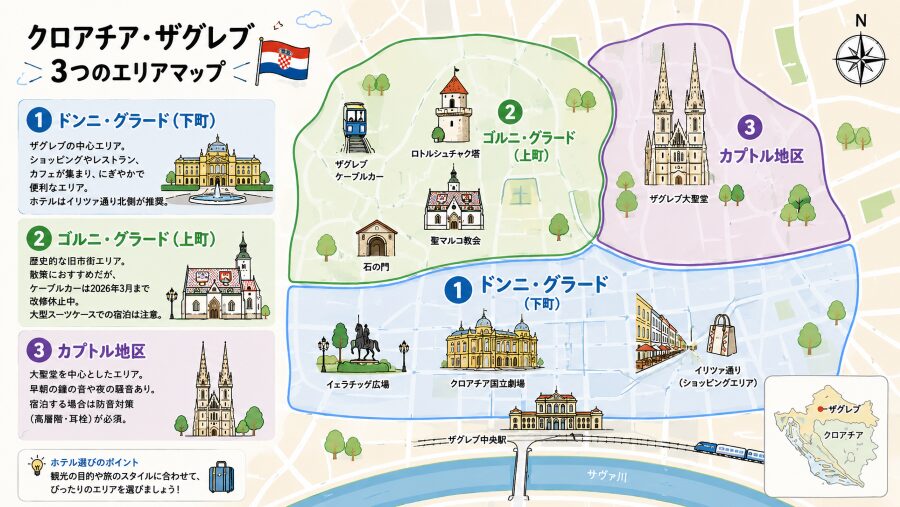 【ホテル選び】オクロアチア・ザグレブの3つエリアマップ