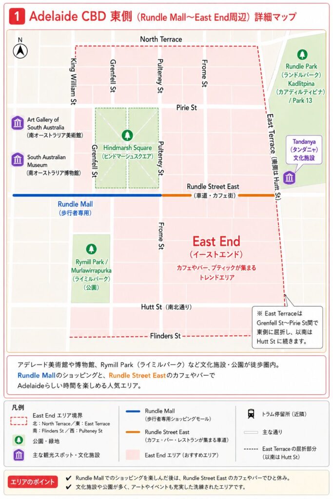 Adelaide CBD 東側（Rundle Mall〜East End周辺）のホテル選び