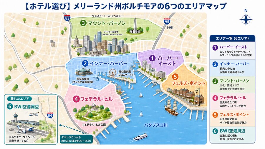 【ホテル選び】メリーランド州ボルチモアの6つのエリアマップ