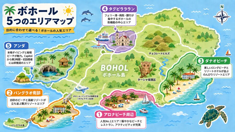 【ホテル選び】フィリピンのボホールの5つのエリアマップ