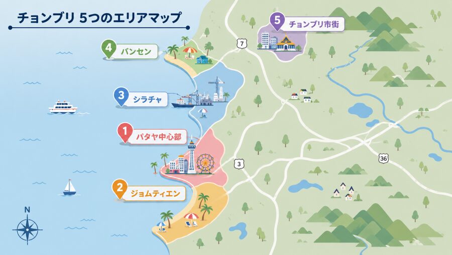 【ホテル選び】タイのチョンブリの5つのエリアマップ
