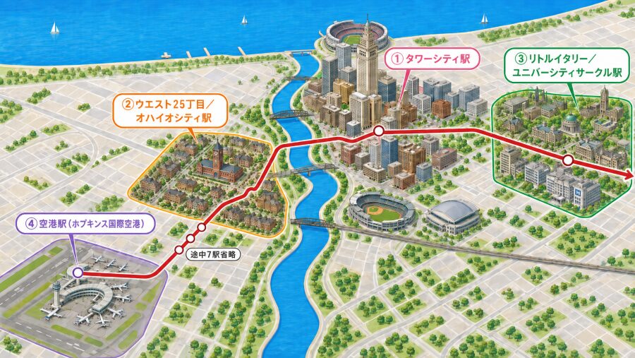 クリーブランドのレッドライン沿線の4つの駅のエリアマップ