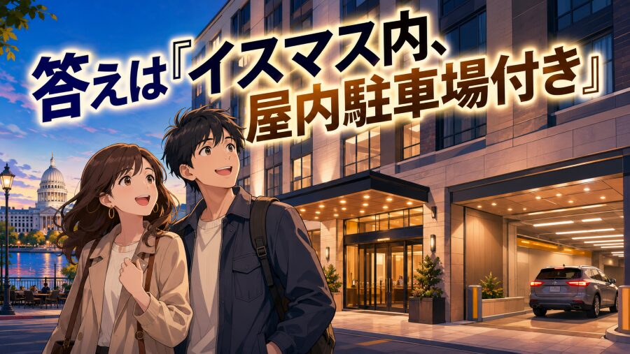 答えは「イスマス内、屋内駐車場付き」。すべての罠をクリアするマディソン滞在の正解