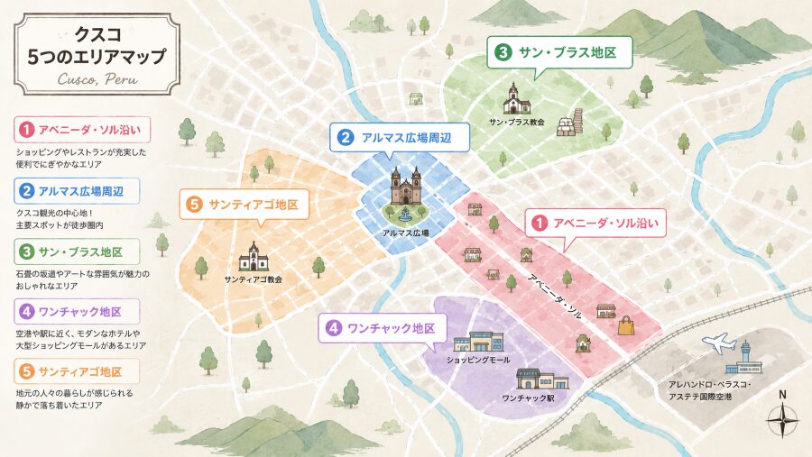 【ホテル選び】ペルーのクスコの5つのエリアマップ