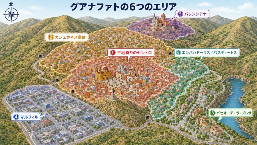 【ホテル選び】メキシコ・グアナファトの6つのエリアマップ