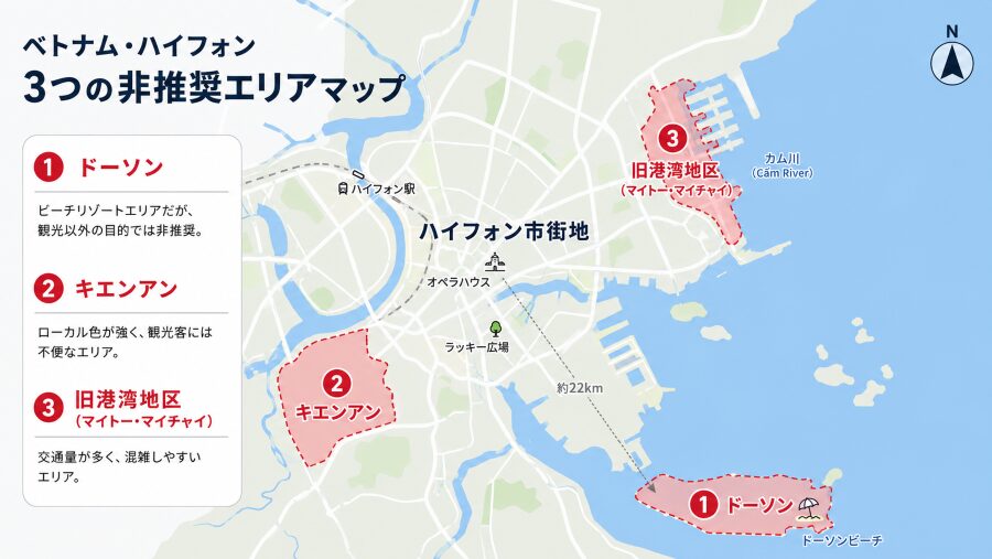 【ホテル選び】ベトナムのハイフォンの3つの非推奨エリアマップ