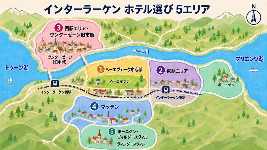 【ホテル選び】スイス・インターラーケンの5つのエリアマップ