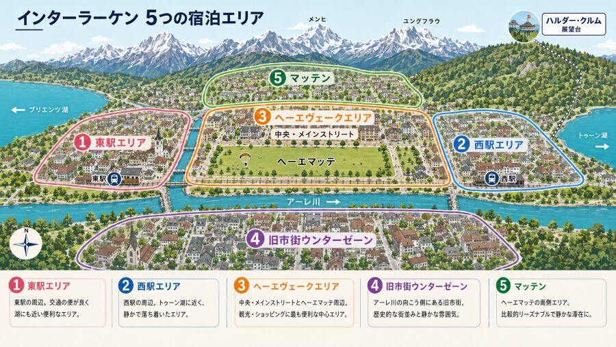 【ホテル選び】スイス・インターラーケンのハルダー・クルム(ハルダーグラート)から街を見下ろした時の、5つのエリアマップ