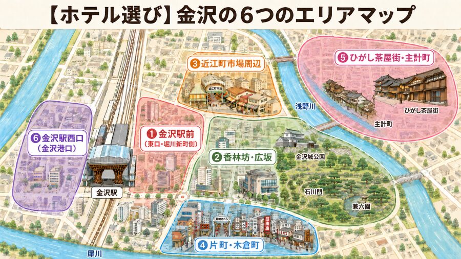 【ホテル選び】金沢の6つのエリアマップ