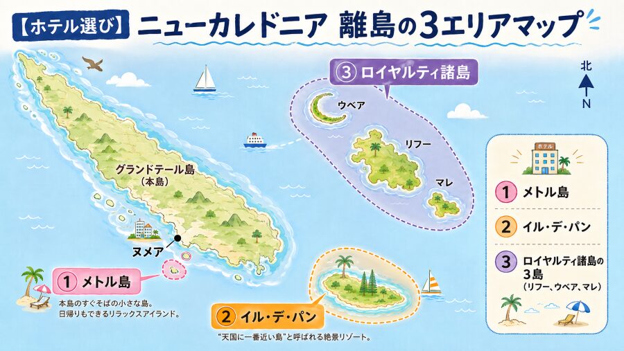 【ホテル選び】ニューカレドニアの離島の3つのエリアマップ