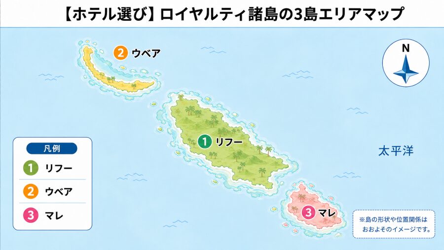 【ホテル選び】ロイヤルティ諸島3島のエリアマップ