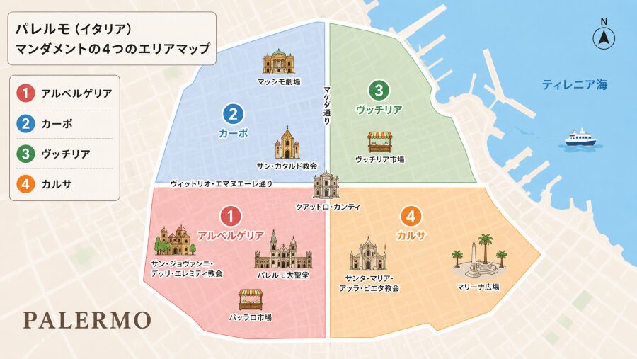【ホテル選び】パレルモ(イタリア)のマンダメントの4つのエリアマップ