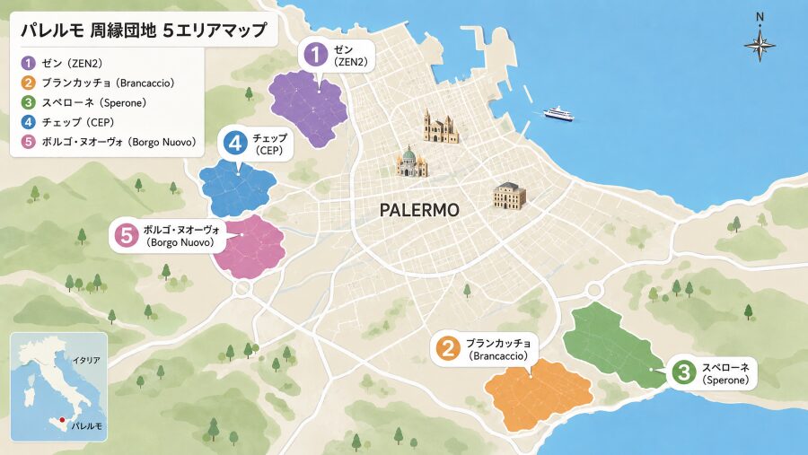 【ホテル選び】パレルモ(イタリア)の周縁団地の5つのエリアマップ