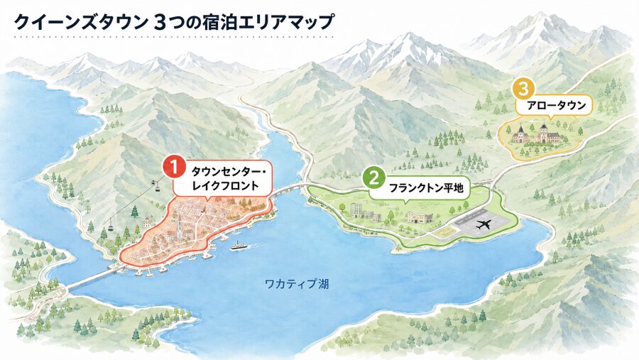 【ホテル選び】ニュージーランドのクイーンズタウンの3つのエリアマップ