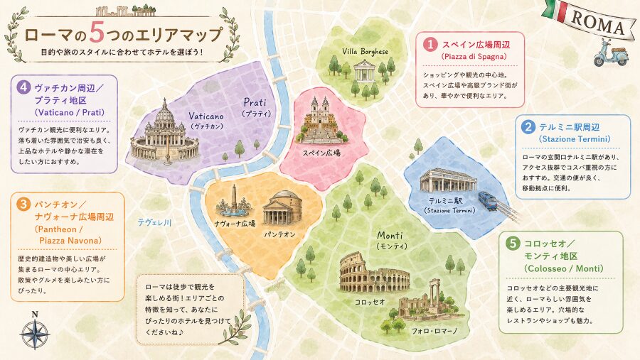 ホテル選び。ローマの5つのエリアマップ