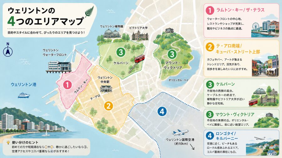 【ホテル選び】ニュージーランドのウェリントンの4つエリアマップ