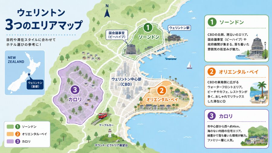 【ホテル選び】ニュージーランドのウェリントンの3つのエリアマップ