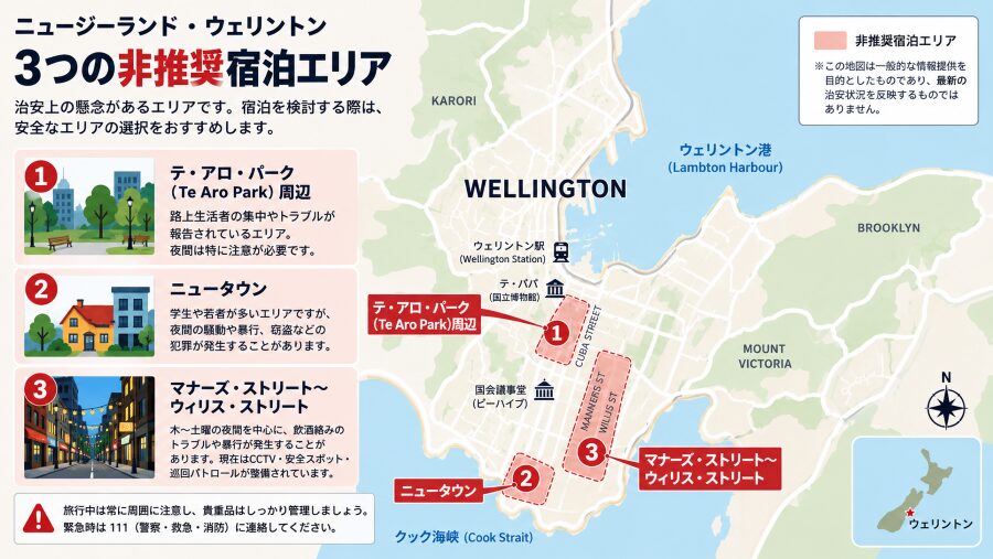 ニュージーランドのウェリントンの3つの非推奨宿泊エリアマップ