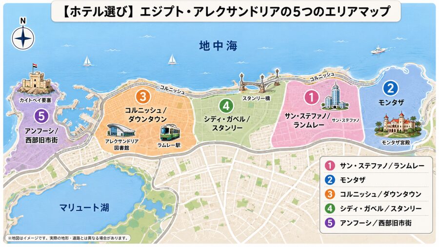 【ホテル選び】エジプトのアレクサンドリアの5つのエリアマップ