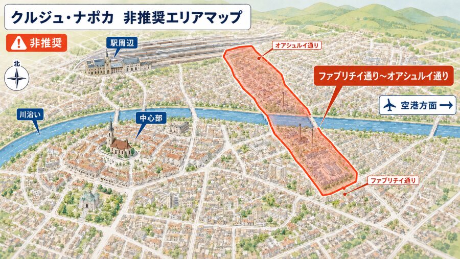 ルーマニアのクルジュ・ナポカのファブリチイ通り〜オアシュルイ通り一帯の非推奨エリアマップ