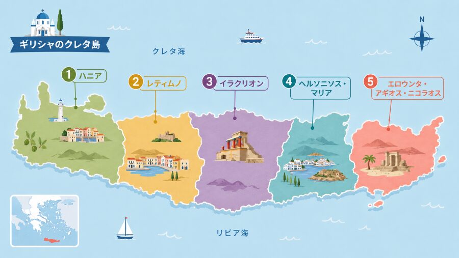 【ホテル選び】ギリシャのクレタ島の5つのエリアマップ