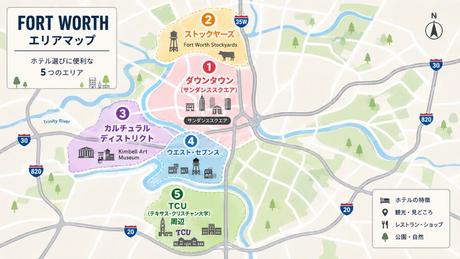 【ホテル選び】テキサスのフォートワースの5つのエリアマップ
