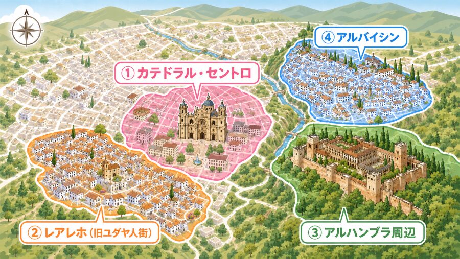 【ホテル選び】スペイン・グラナダの4つのエリアマップ