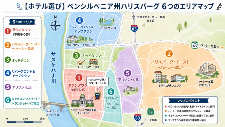 【ホテル選び】ペンシルベニア州ハリスバーグの6つのエリアマップ