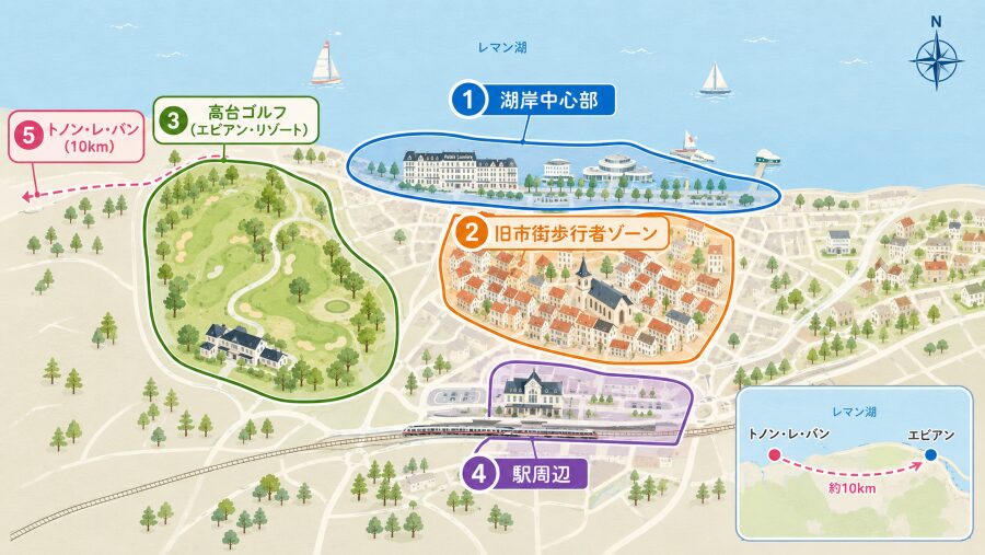 【ホテル選び】フランスのエビアンの5つのエリアマップ