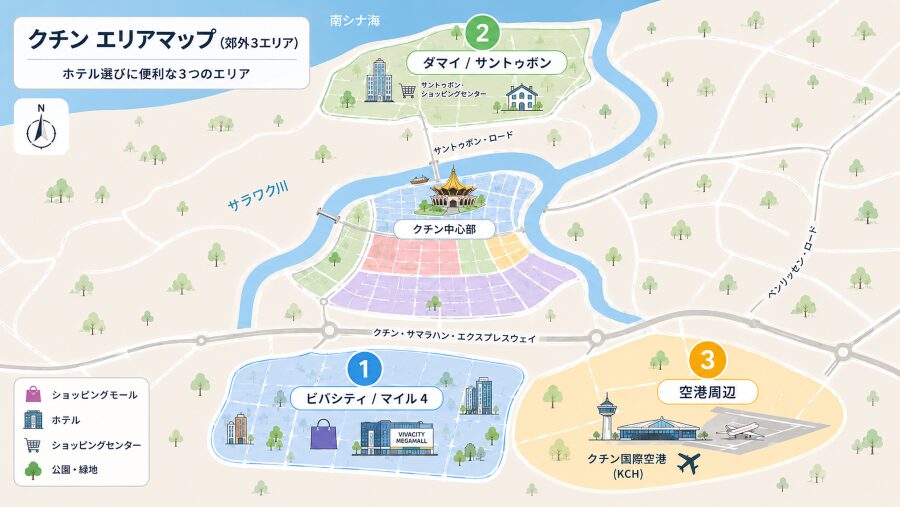 【ホテル選び】マレーシアのクチンの3つのエリアマップ
