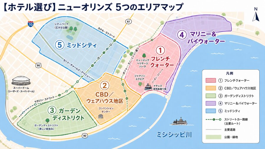 【ホテル選び】ルイジアナ州ニューオリンズの5つのエリアマップ