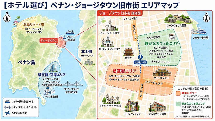 【ホテル選び】マレーシアのペナンのジョージタウンのエリアマップ