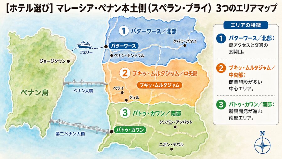 【ホテル選び】マレーシアのペナンの本土側スベラン・プライ:バタワース・スバランジャヤ・バトゥカワンのエリアマップ