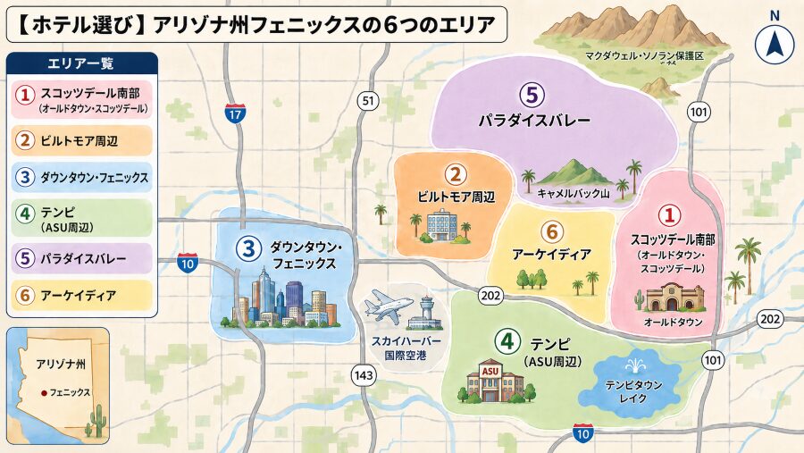【ホテル選び】アリゾナ州フェニックスの6つのエリアマップ