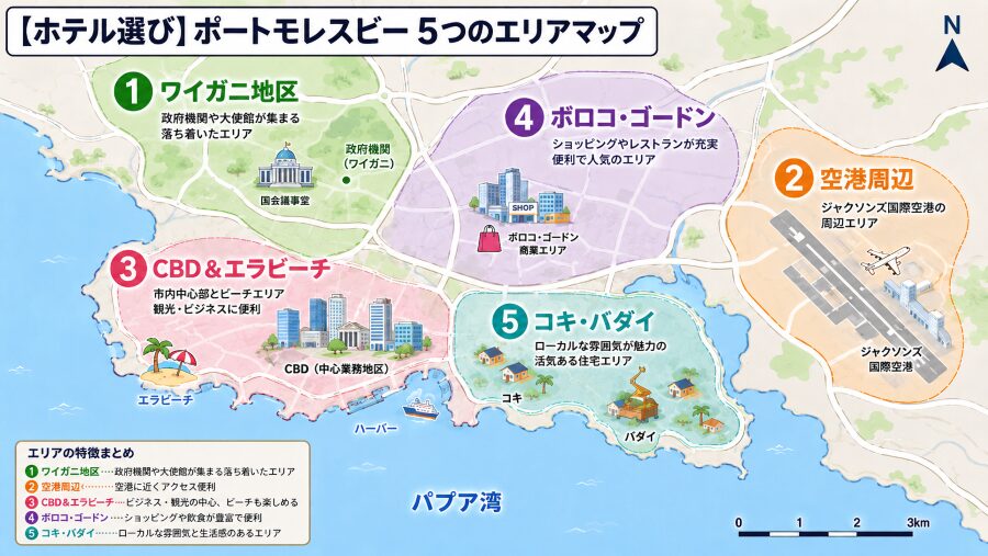 【ホテル選び】パプアにゅーギニアのポートモレスビーの5つのエリアマップ