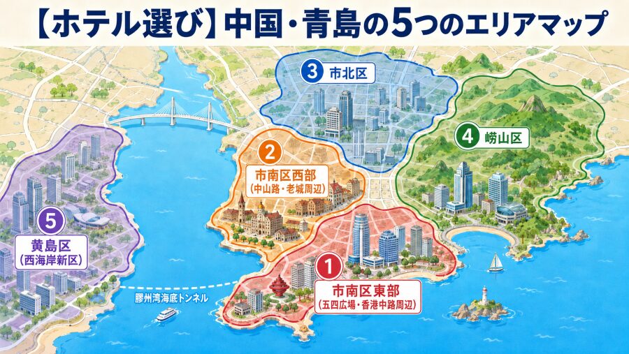 【ホテル選び】中国・青島の5つのエリアマップ