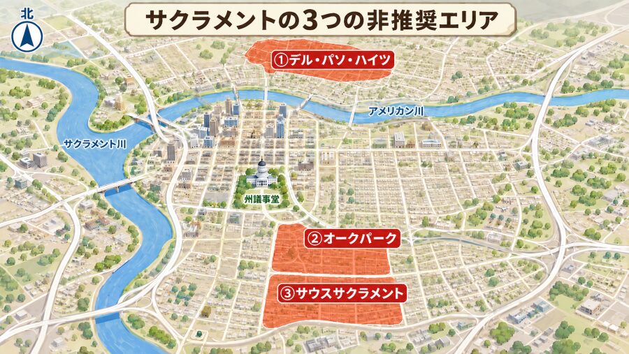 【ホテル選び】カリフォルニア・サクラメントの3つの非推奨エリアマップ